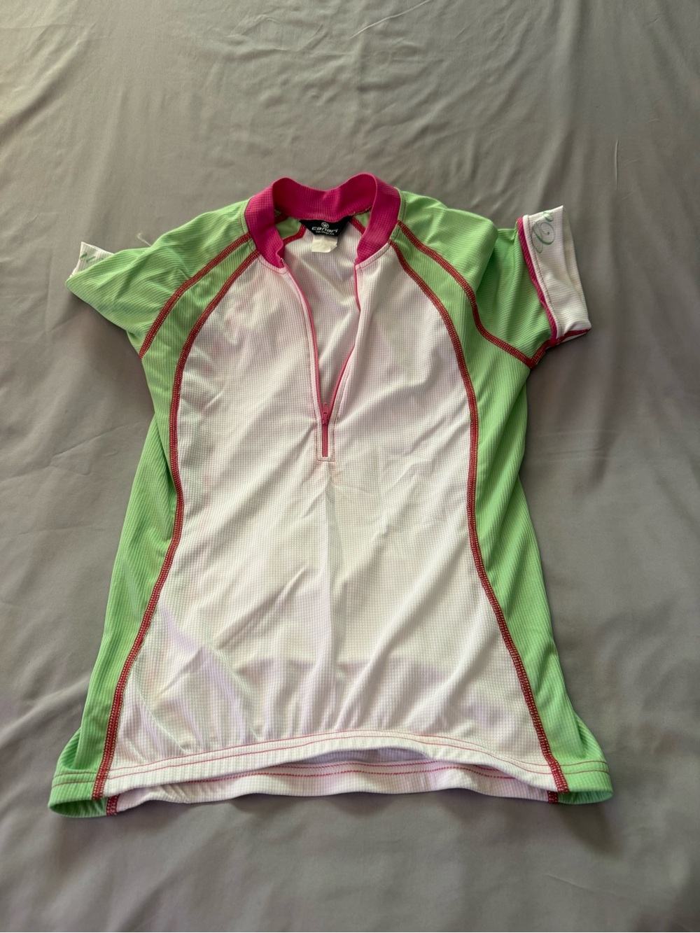 Canari’s Women's Green & White Short Sleeve Cycling Jersey with Pink Trim Sz S